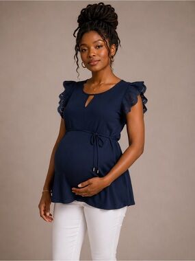 Navy Maternity Tie-Waist Top with Eyelet Flutter Sleeves Size Medium